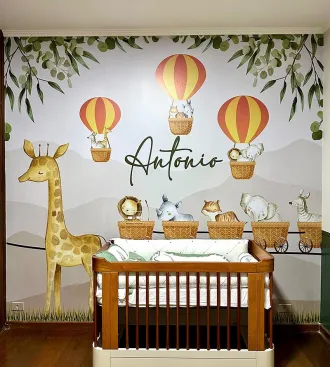 Mural infantil safari animal balões